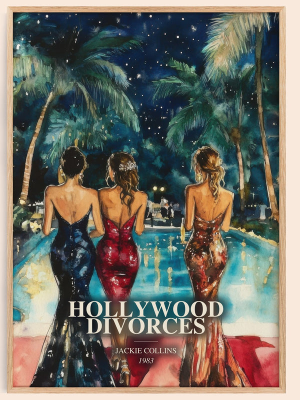 Hollywood Divorces watercolour book poster by Jackie Collins – framed literary art print