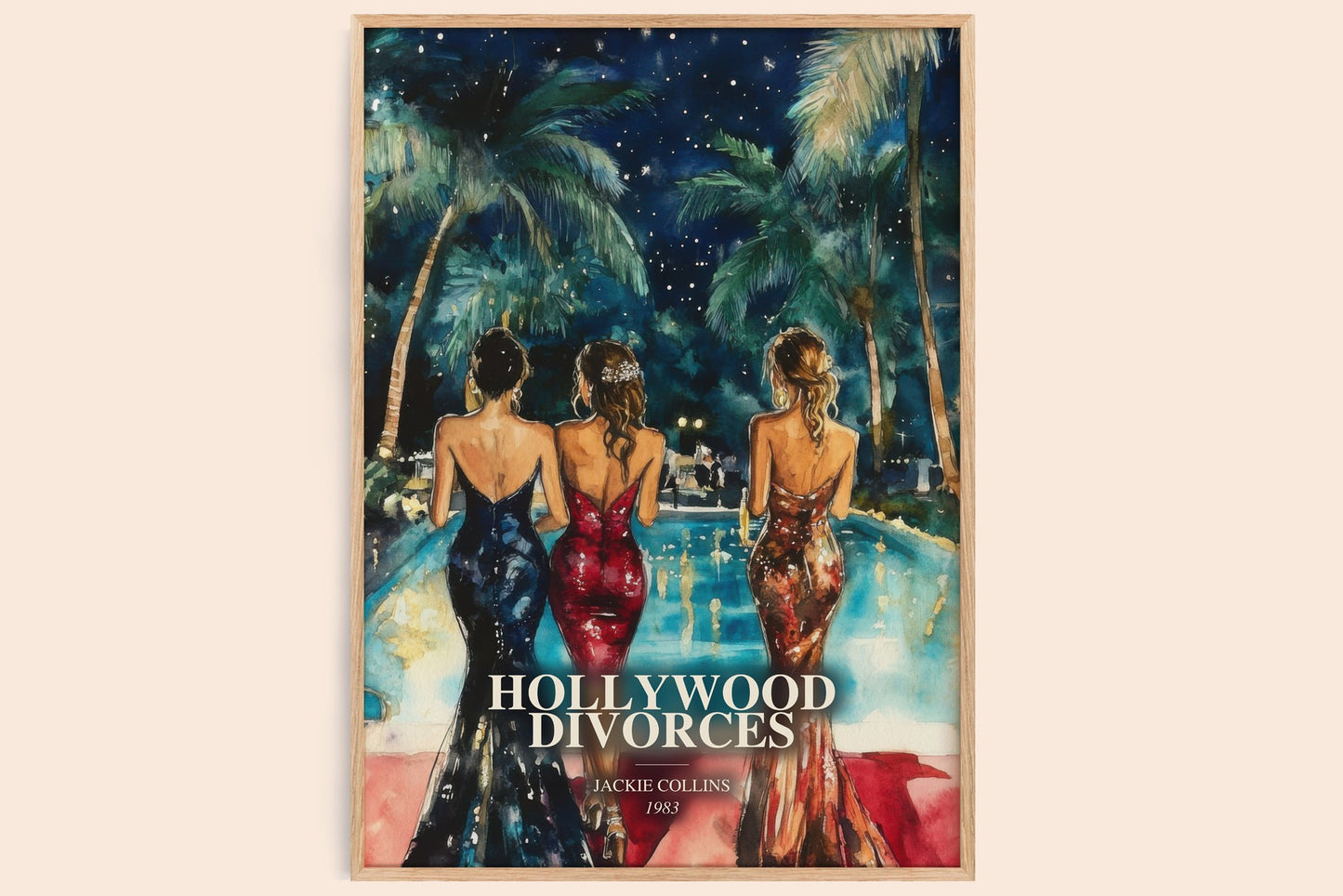 Hollywood Divorces watercolour book poster by Jackie Collins – framed literary art print
