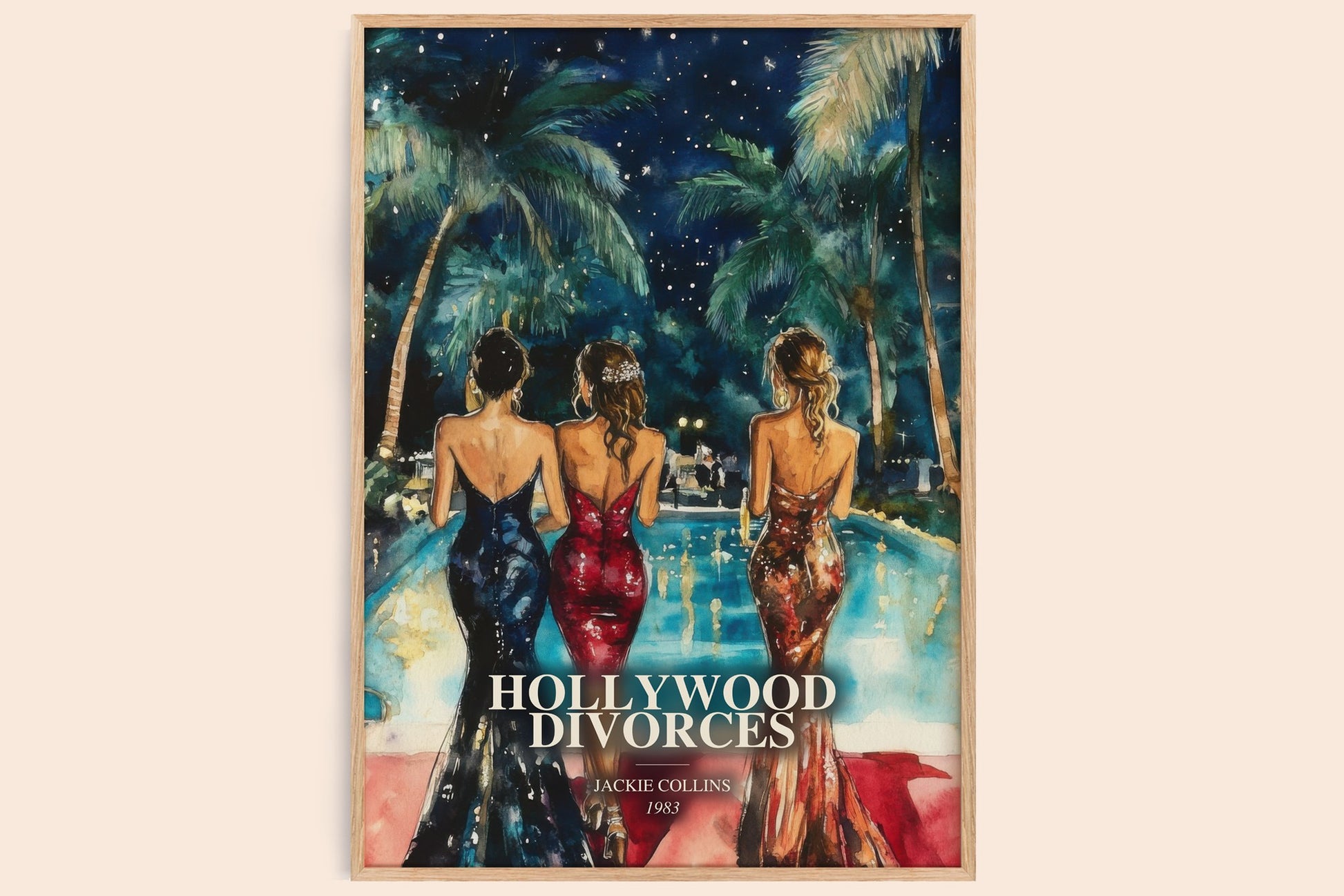 Hollywood Divorces watercolour book poster by Jackie Collins – framed literary art print