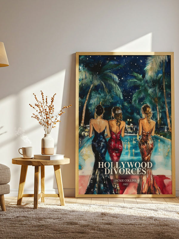 Hollywood Divorces watercolour print in frame leaning in hallway – contemporary fiction wall art