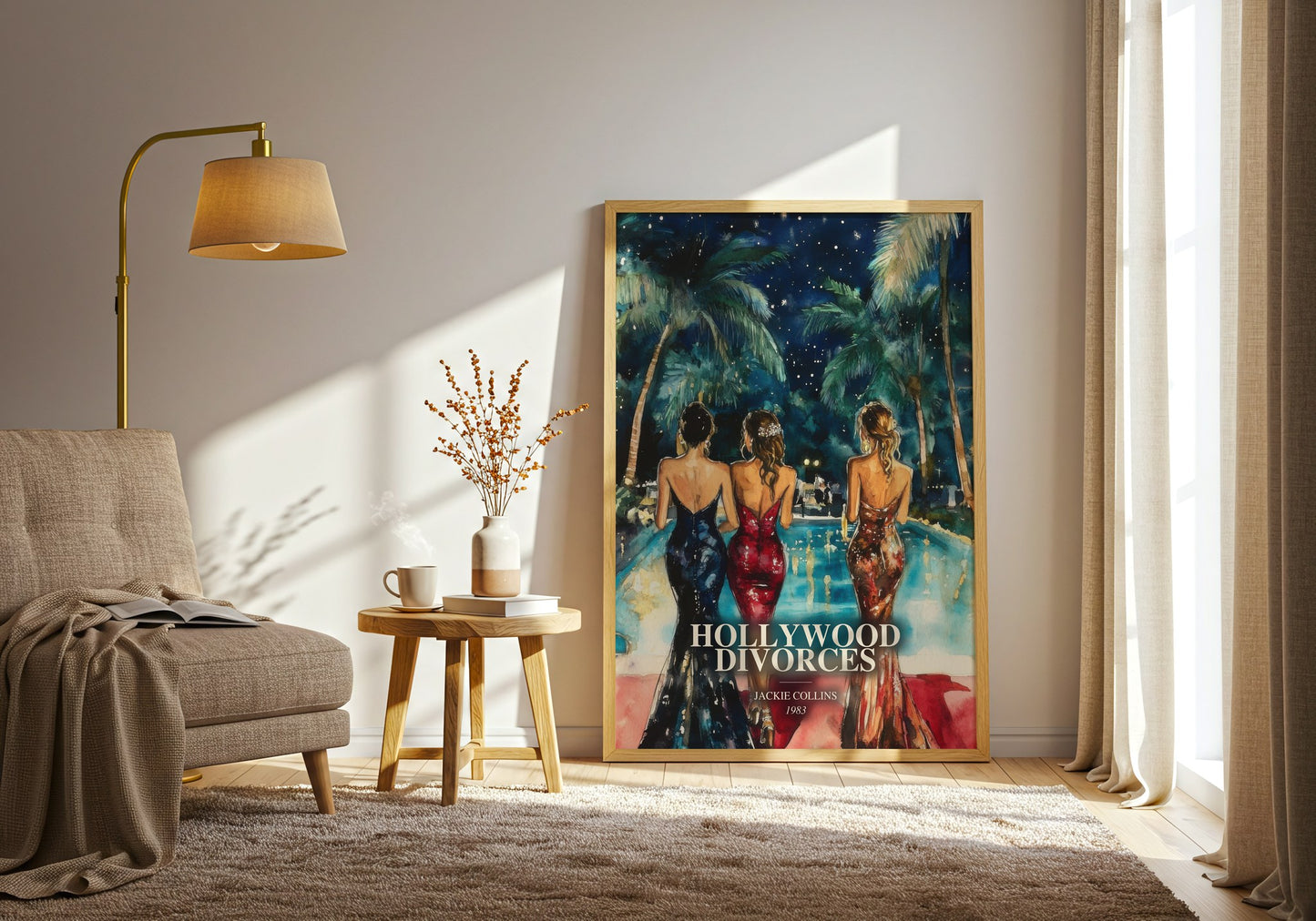 Hollywood Divorces watercolour print in frame leaning in hallway – contemporary fiction wall art