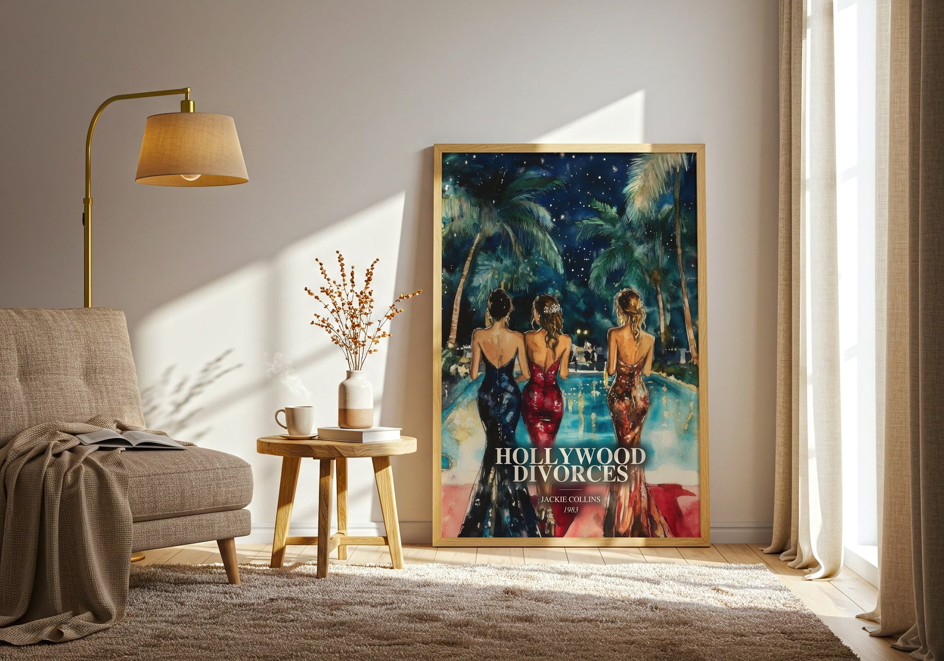 Hollywood Divorces watercolour print in frame leaning in hallway – contemporary fiction wall art