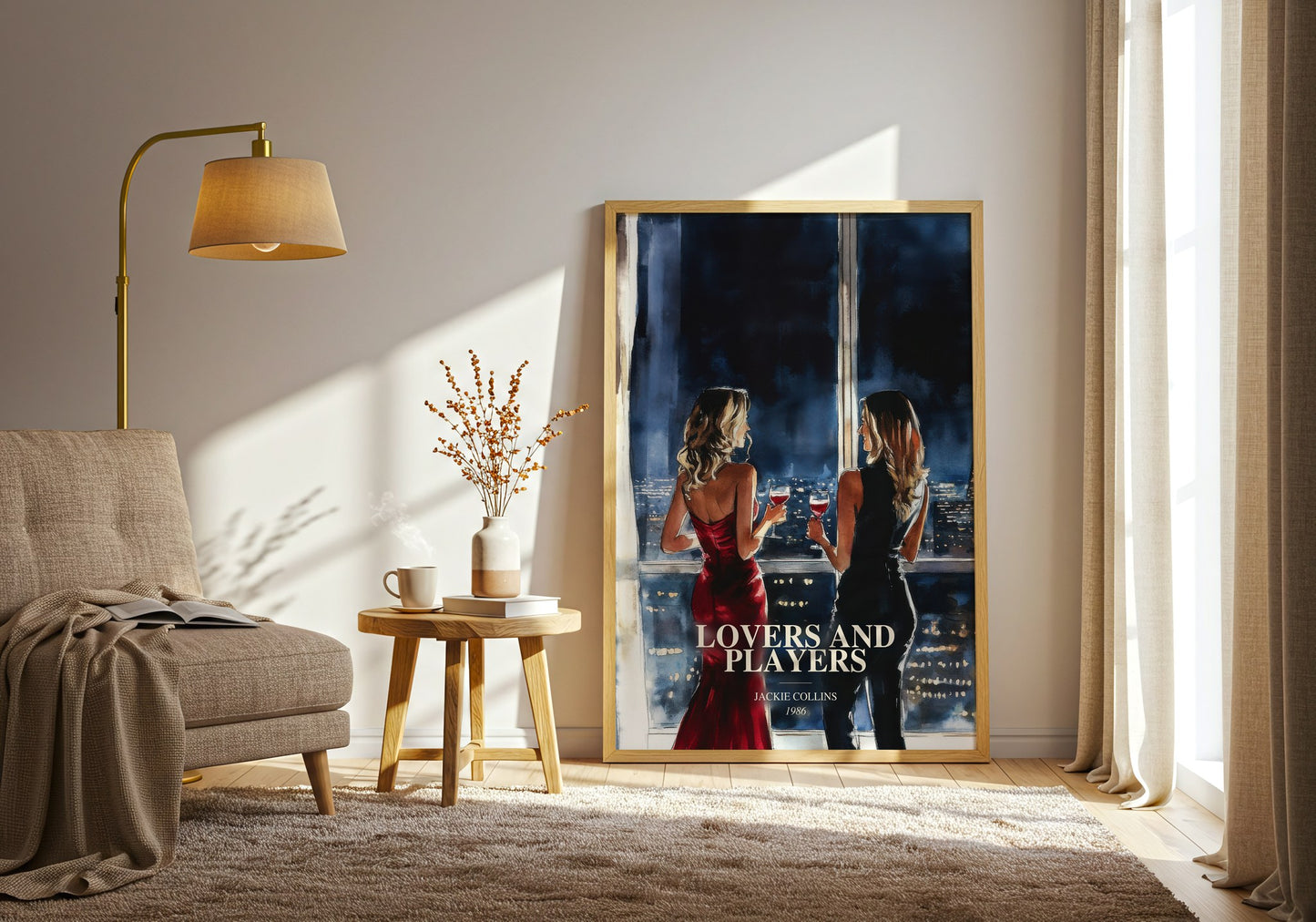 Lovers And Players watercolour print in frame leaning in hallway – contemporary fiction wall art