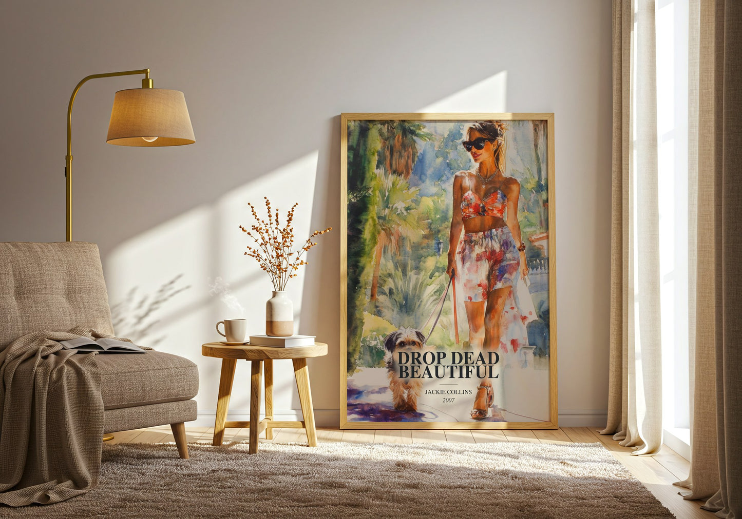 Drop Dead Beautiful watercolour print in frame leaning in hallway – romance wall art