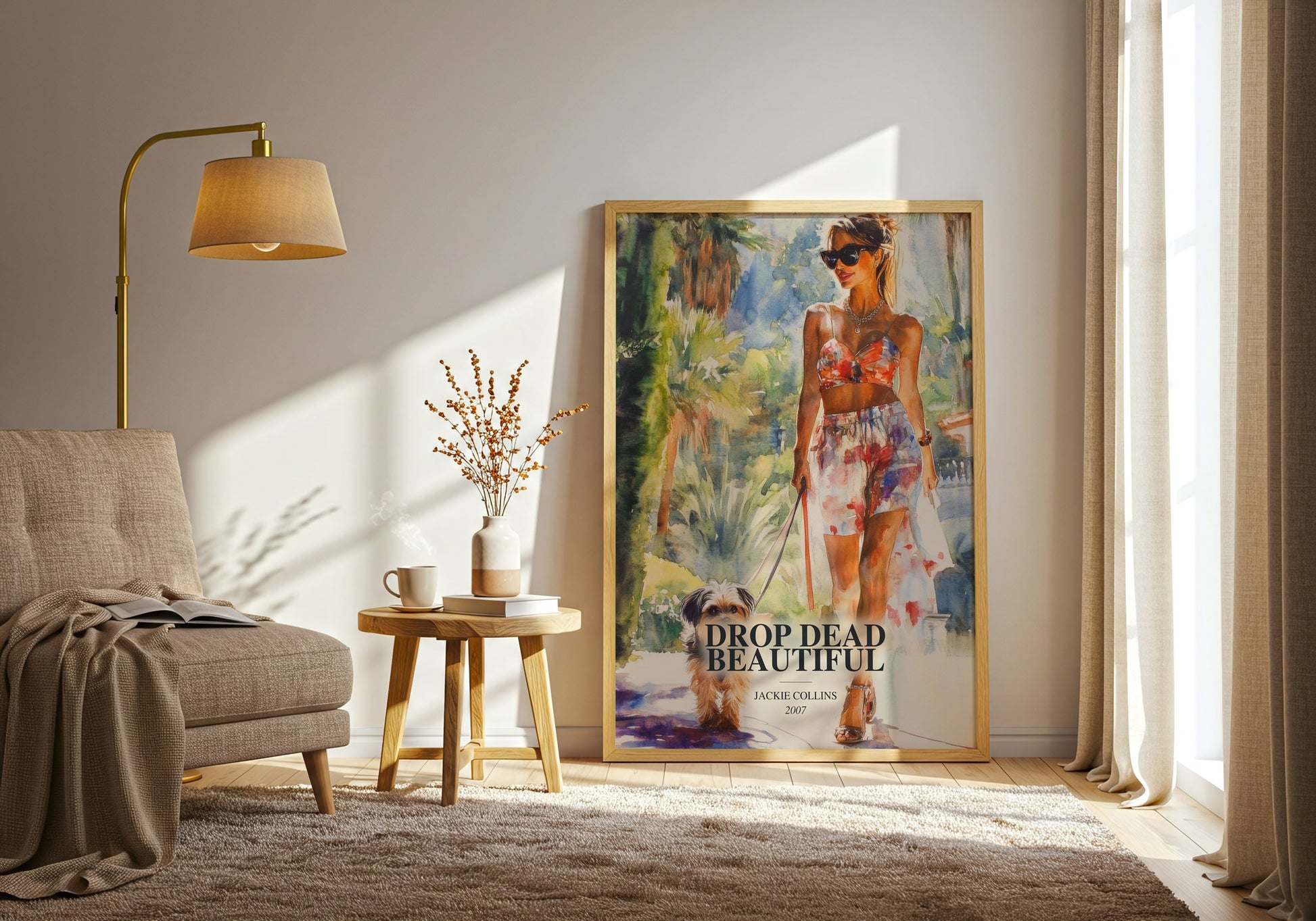 Drop Dead Beautiful watercolour print in frame leaning in hallway – romance wall art