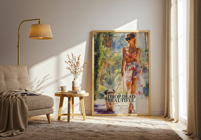 Drop Dead Beautiful watercolour print in frame leaning in hallway – romance wall art