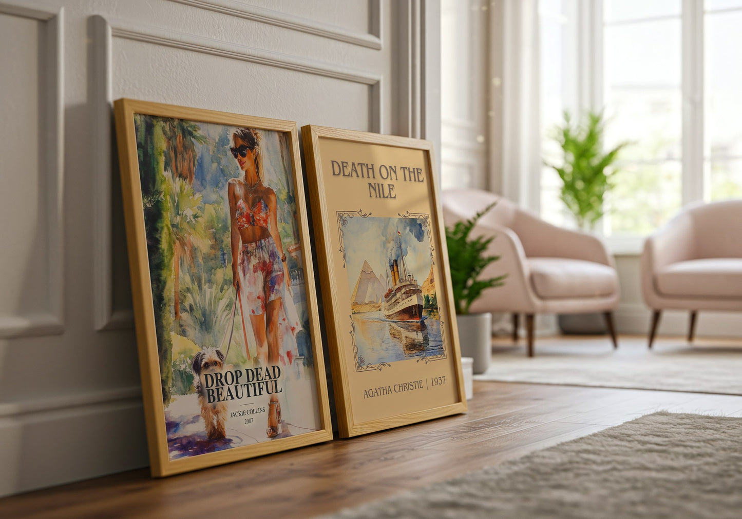 Drop Dead Beautiful watercolour print framed by window – literary home decor
