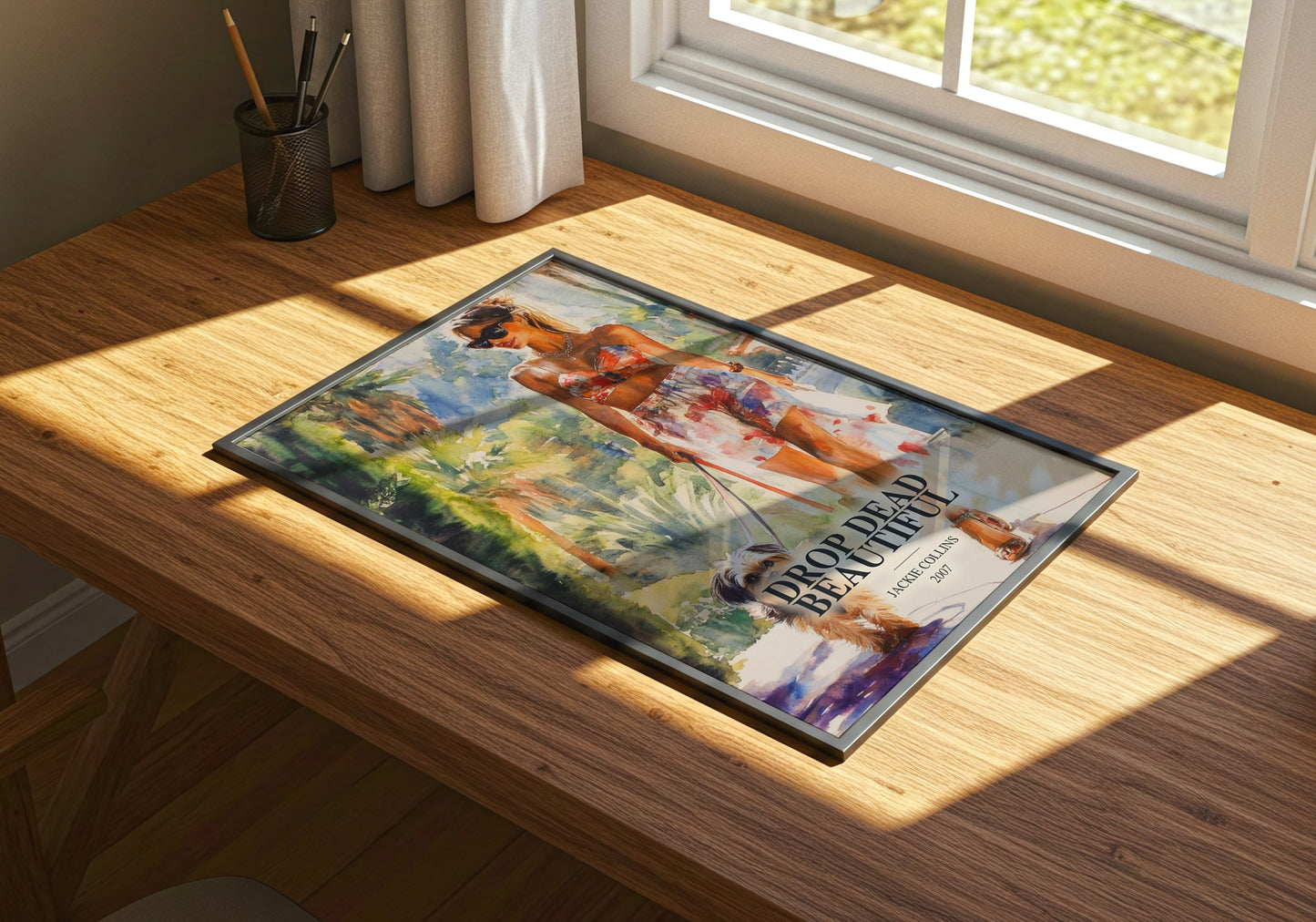 Drop Dead Beautiful watercolour book poster framed on wall – romance wall art
