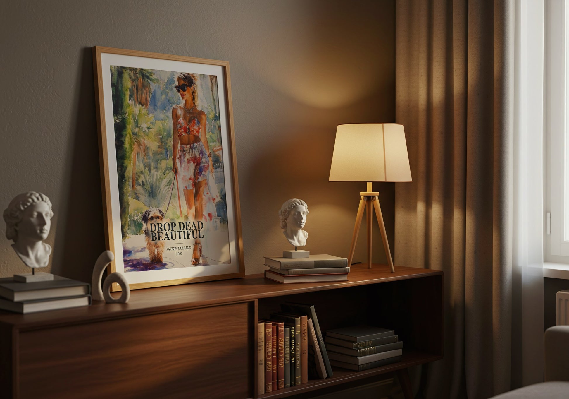 Drop Dead Beautiful watercolour print on bookshelf – Jackie Collins fan gift