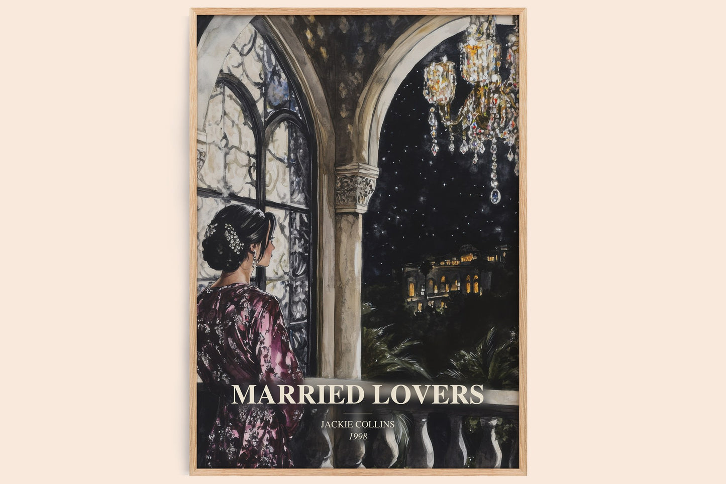 Married Lovers watercolour book poster by Jackie Collins – framed literary art print