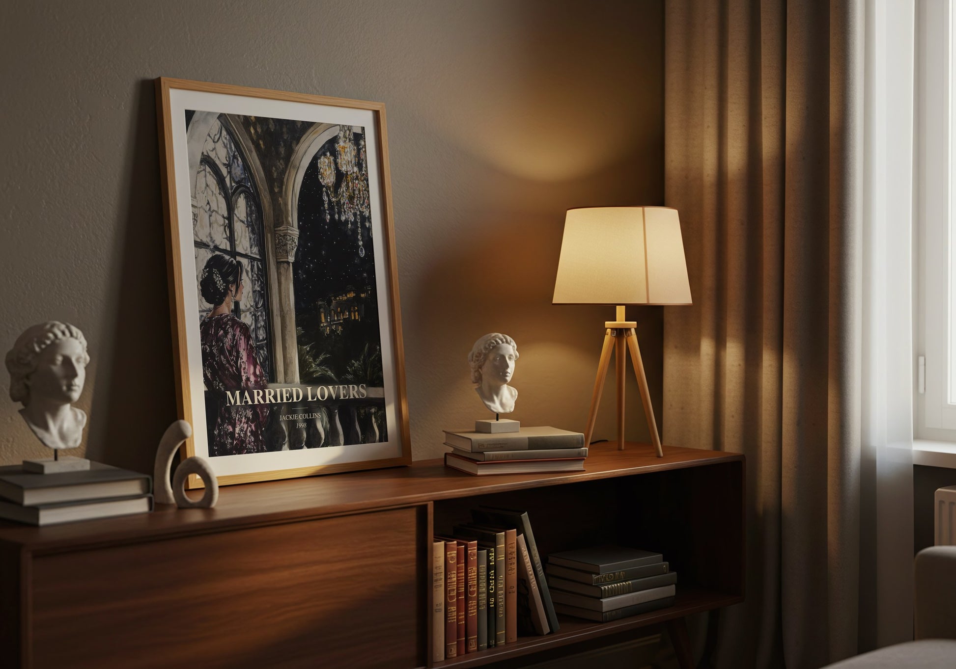 Married Lovers watercolour print on bookshelf – Jackie Collins fan gift