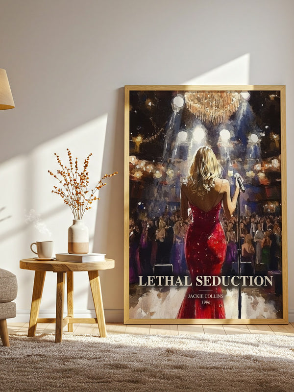 Lethal Seduction watercolour print in frame leaning in hallway – thriller wall art