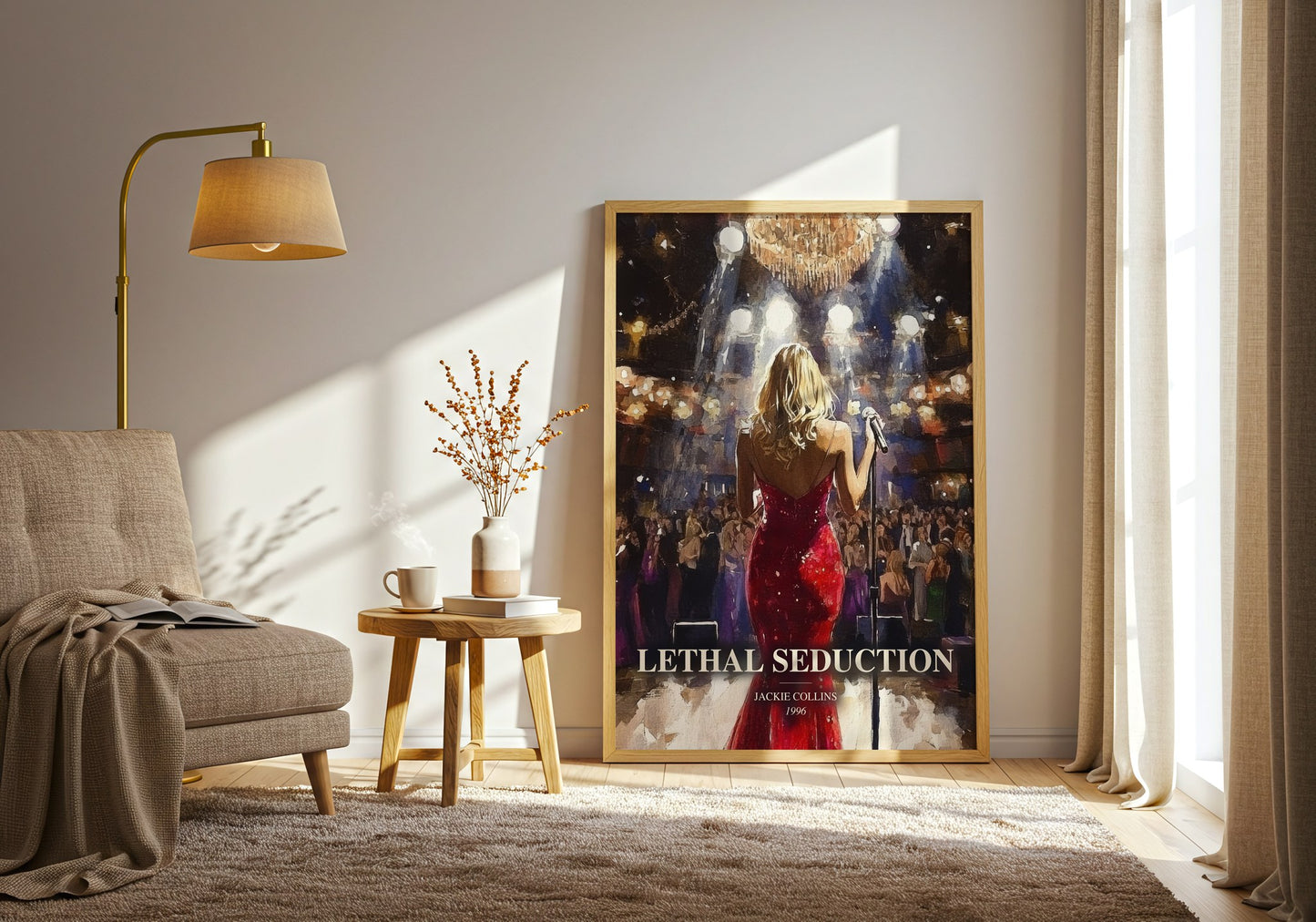Lethal Seduction watercolour print in frame leaning in hallway – thriller wall art