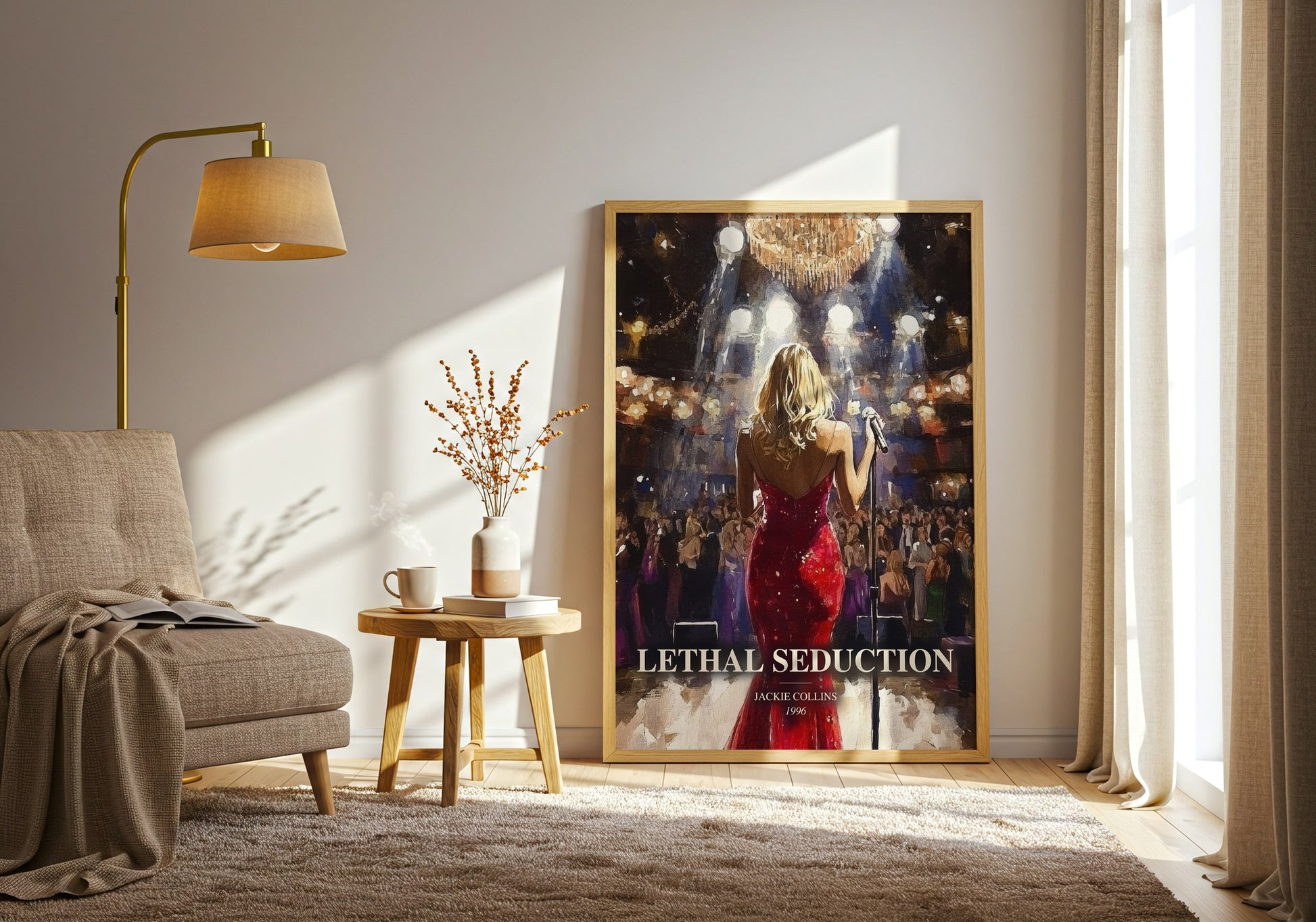 Lethal Seduction watercolour print in frame leaning in hallway – thriller wall art