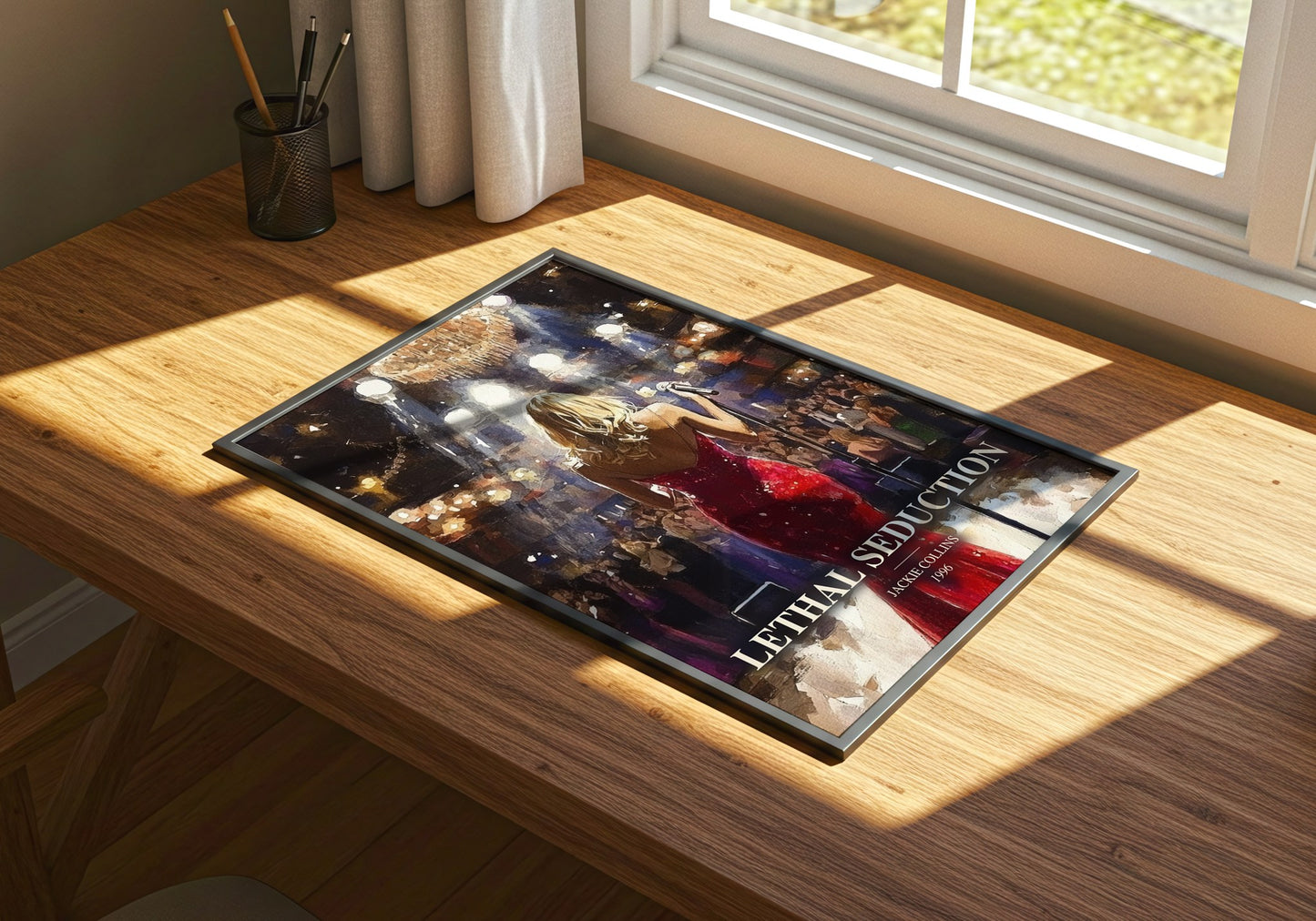 Lethal Seduction watercolour book poster framed on wall – thriller wall art