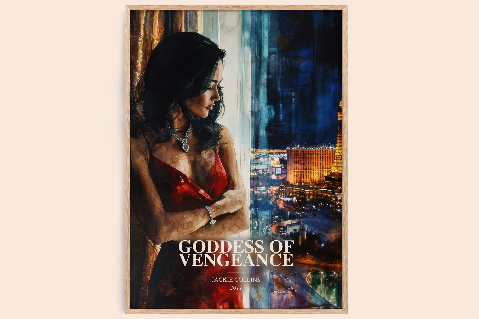 Goddess Of Vengeance watercolour book poster by Jackie Collins – framed literary art print