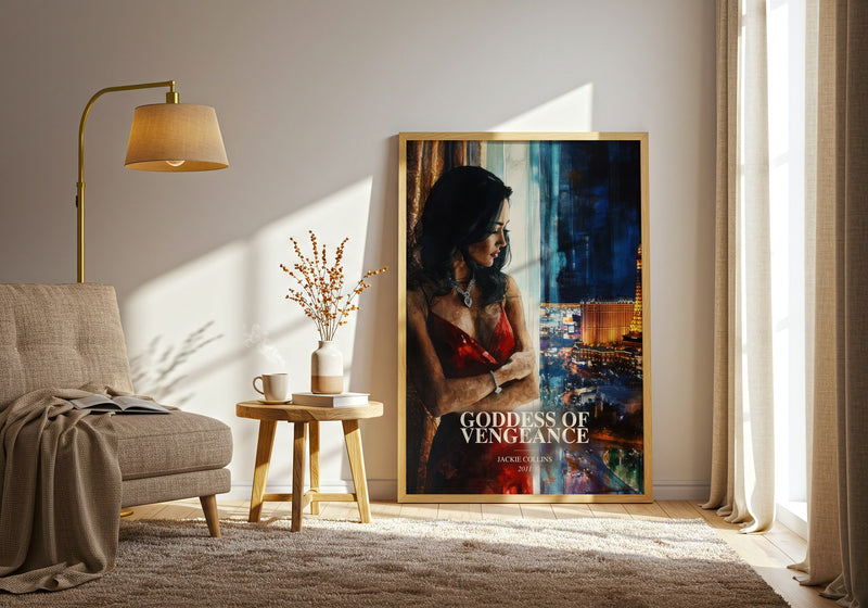 Goddess Of Vengeance watercolour print in frame leaning in hallway – contemporary fiction wall art