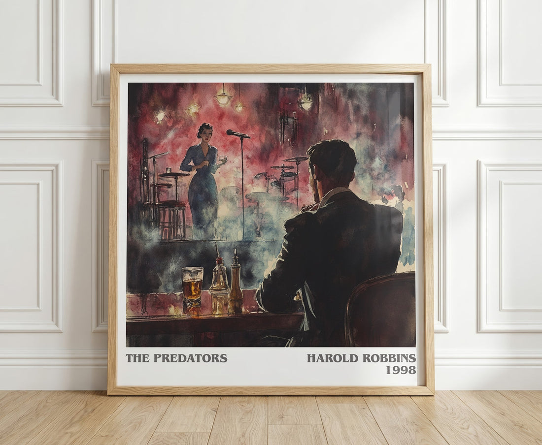 The Predators literary print in frame leaning in hallway – thriller wall art (mockup)