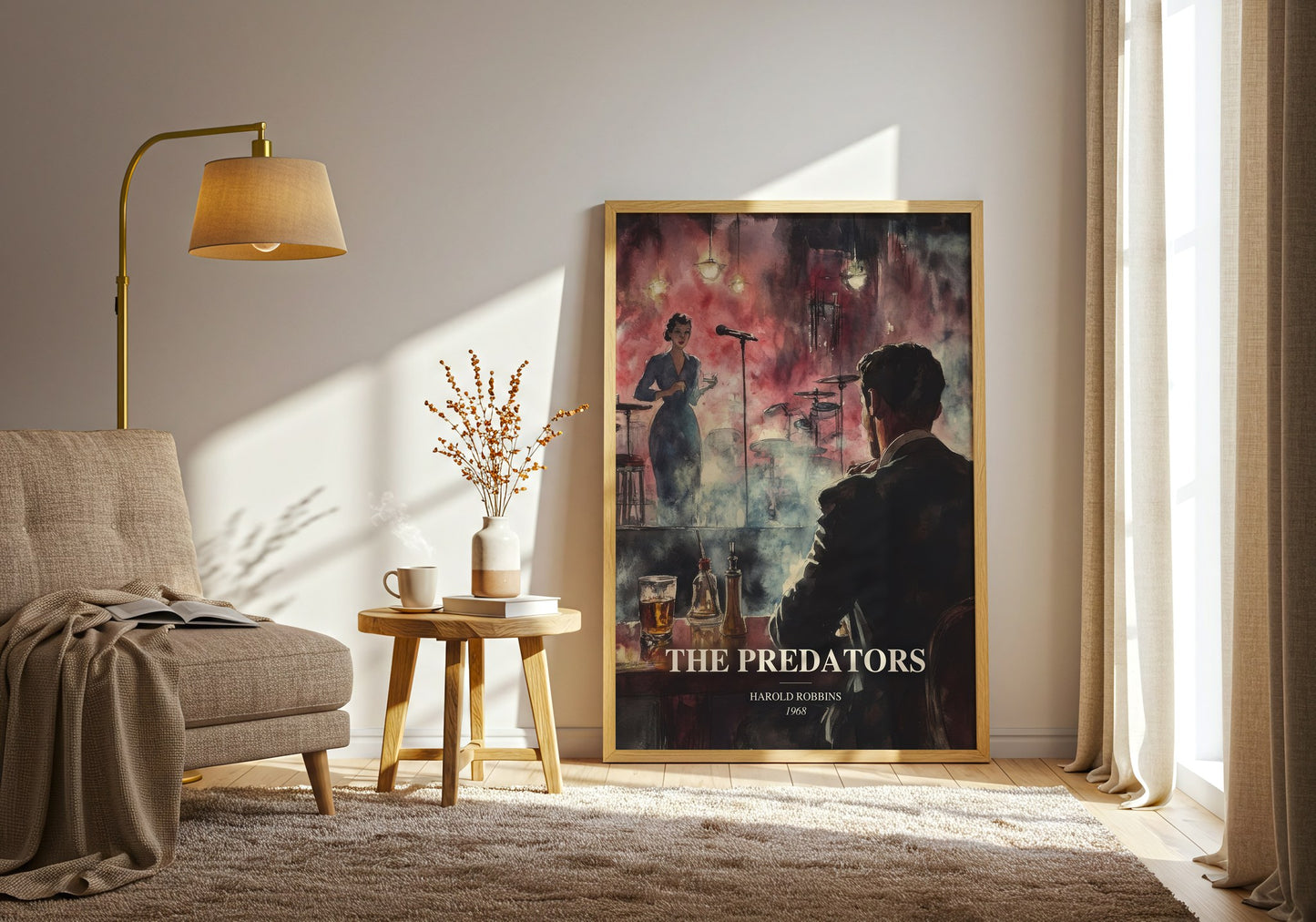The Predators watercolour print in frame leaning in hallway – thriller wall art