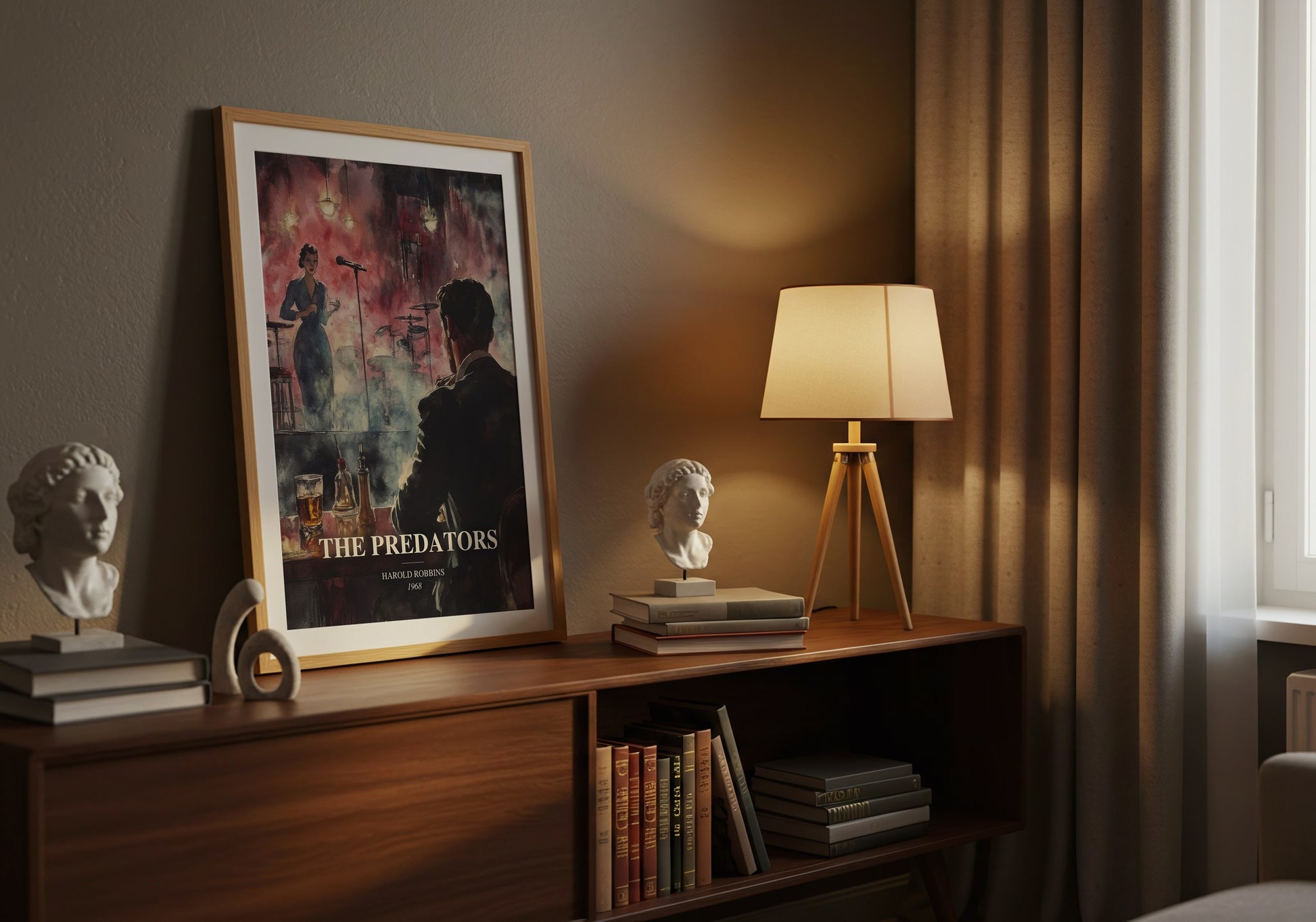 The Predators watercolour print on bookshelf – Harold Robbins fan gift