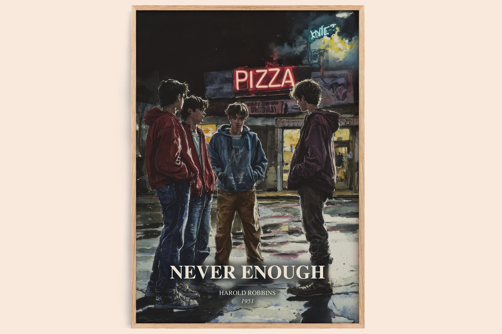 Never Enough watercolour book poster by Harold Robbins – framed literary art print