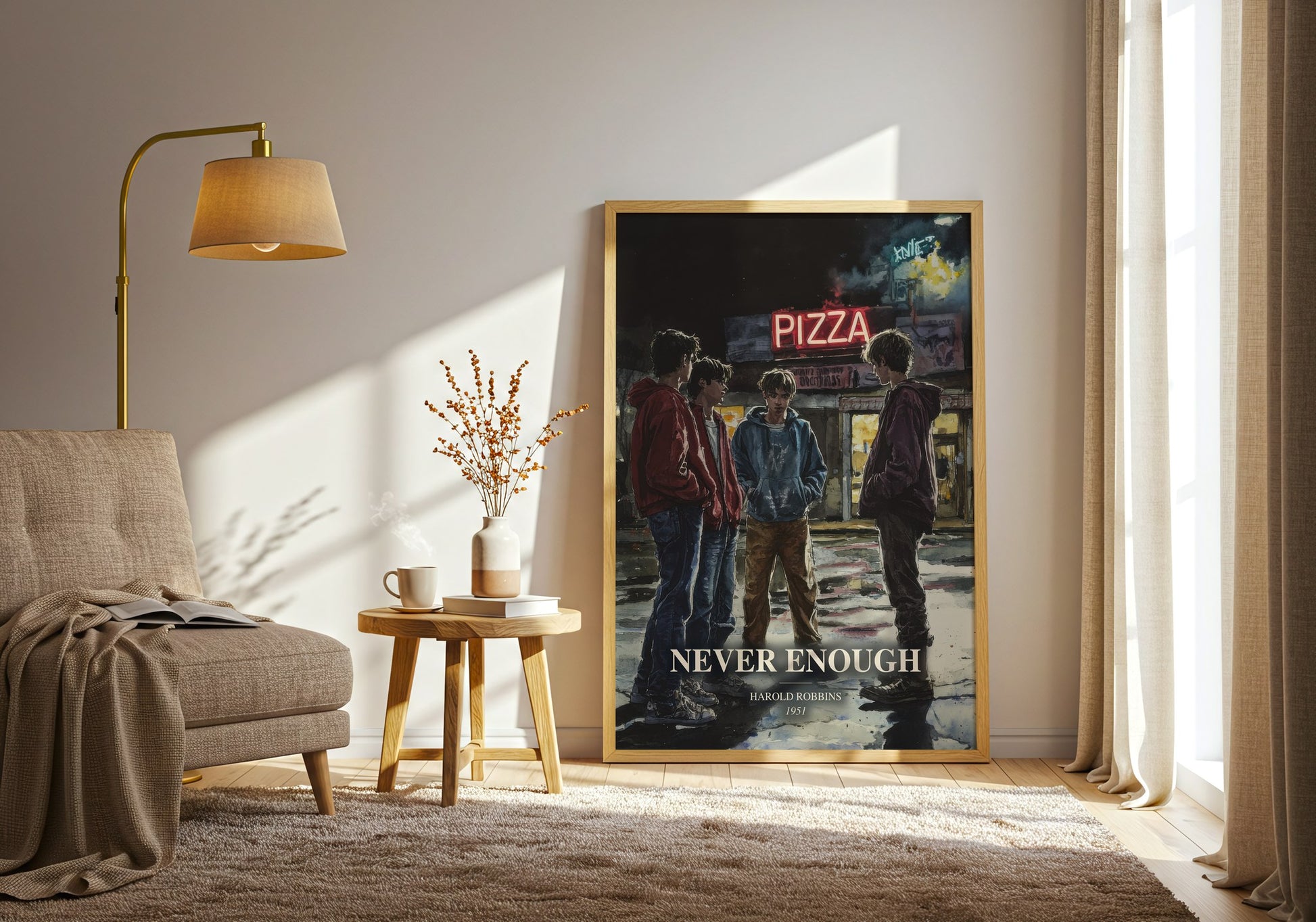 Never Enough watercolour print in frame leaning in hallway – thriller wall art