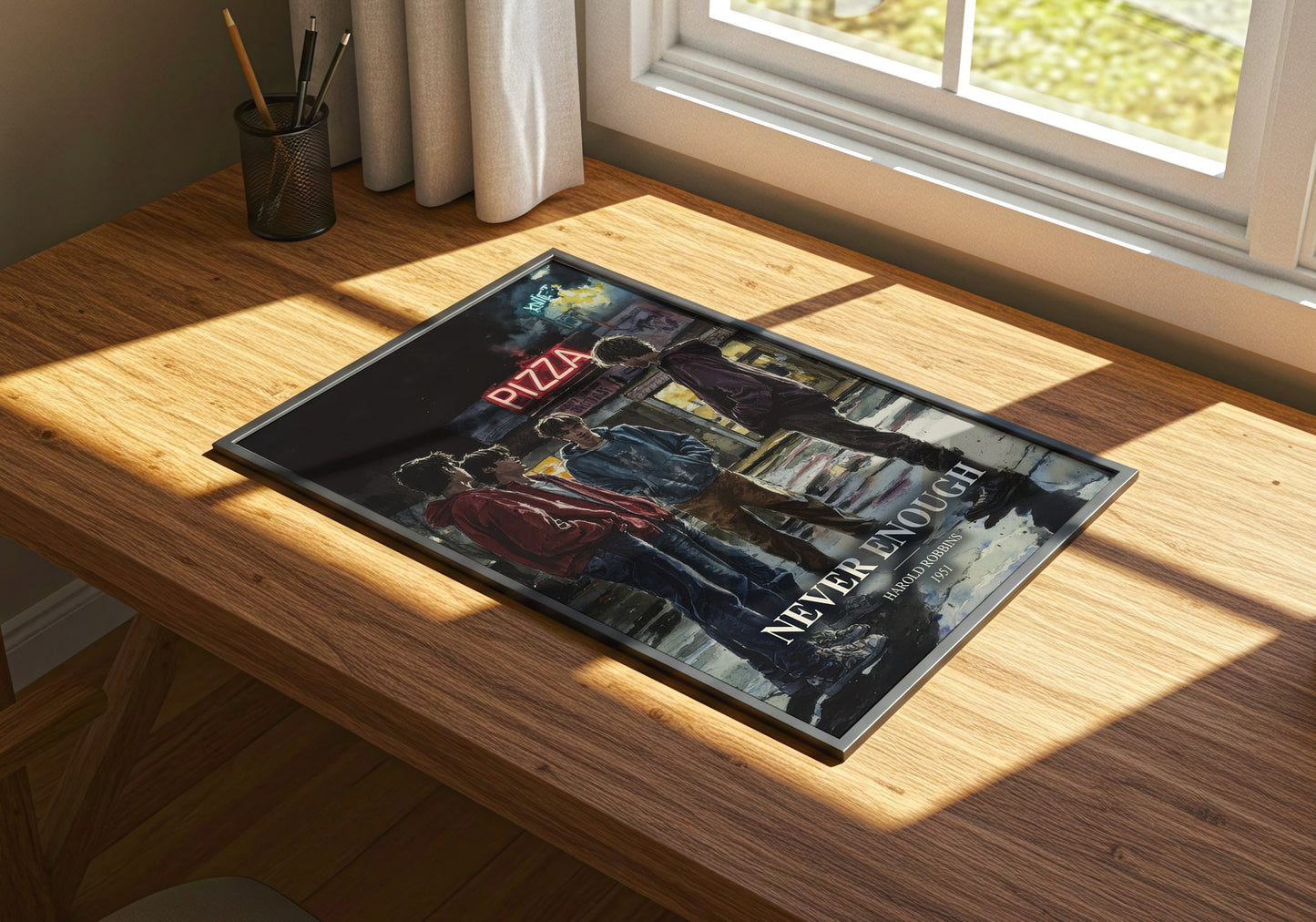 Never Enough watercolour book poster framed on wall – thriller wall art