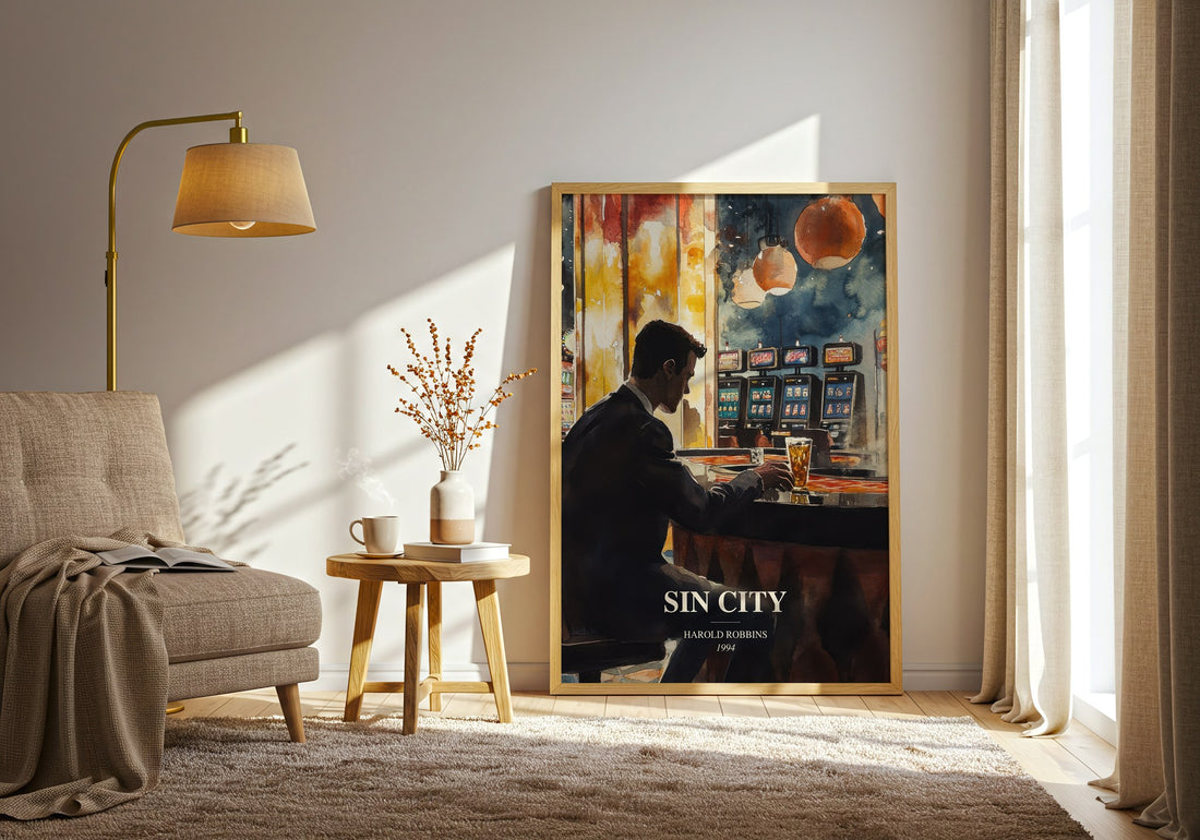 Sin City watercolour print in frame leaning in hallway – thriller wall art (mockup)