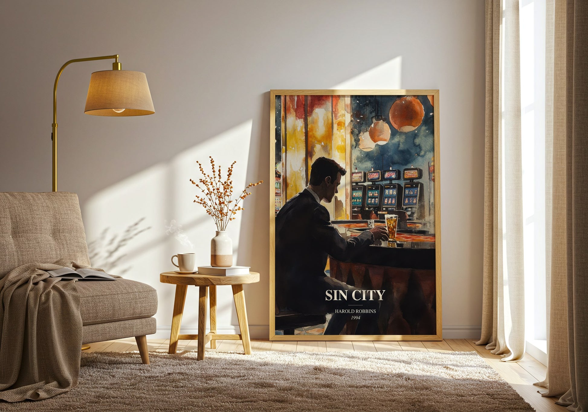 Sin City watercolour print in frame leaning in hallway – thriller wall art