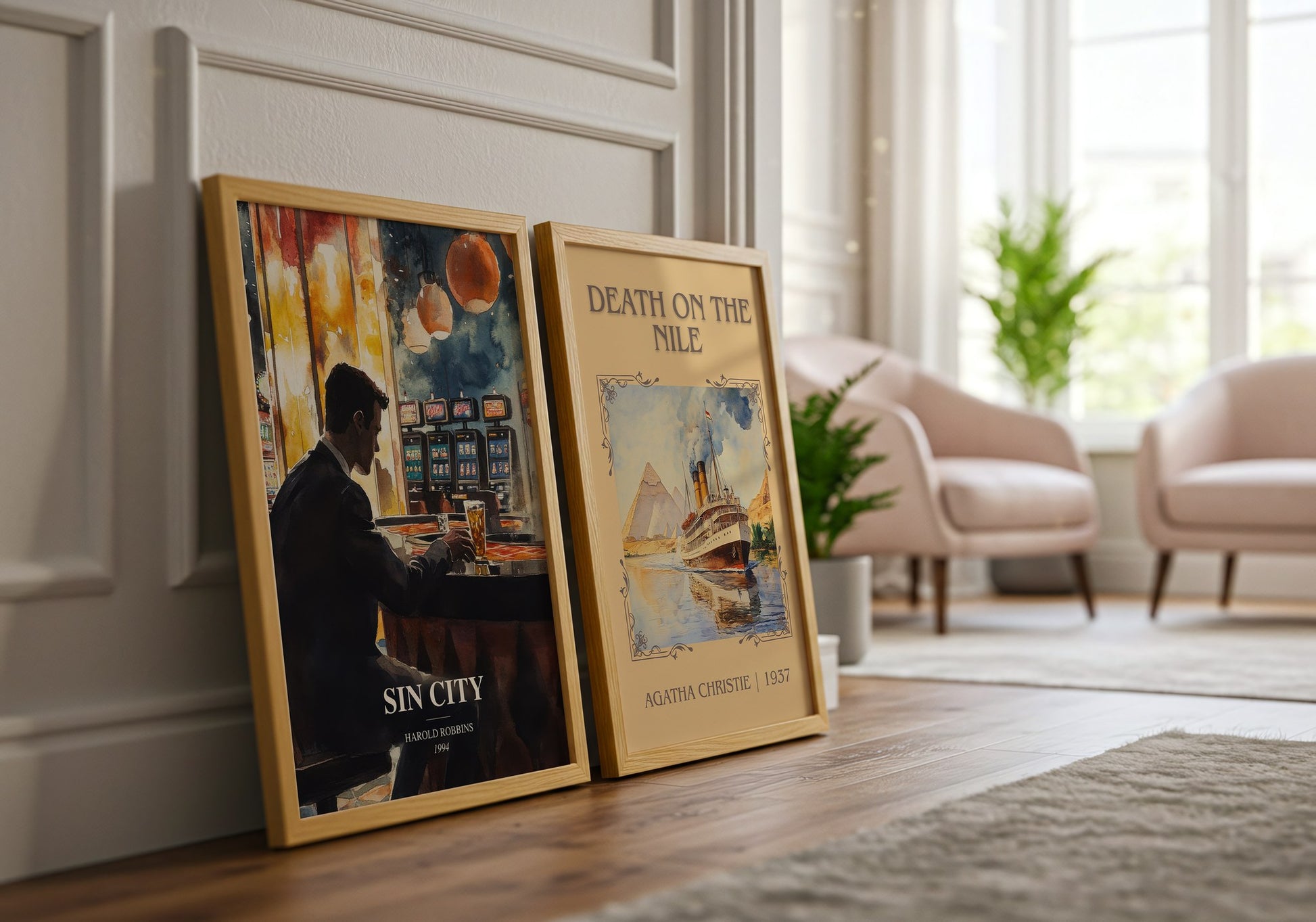 Sin City watercolour print framed by window – literary home decor