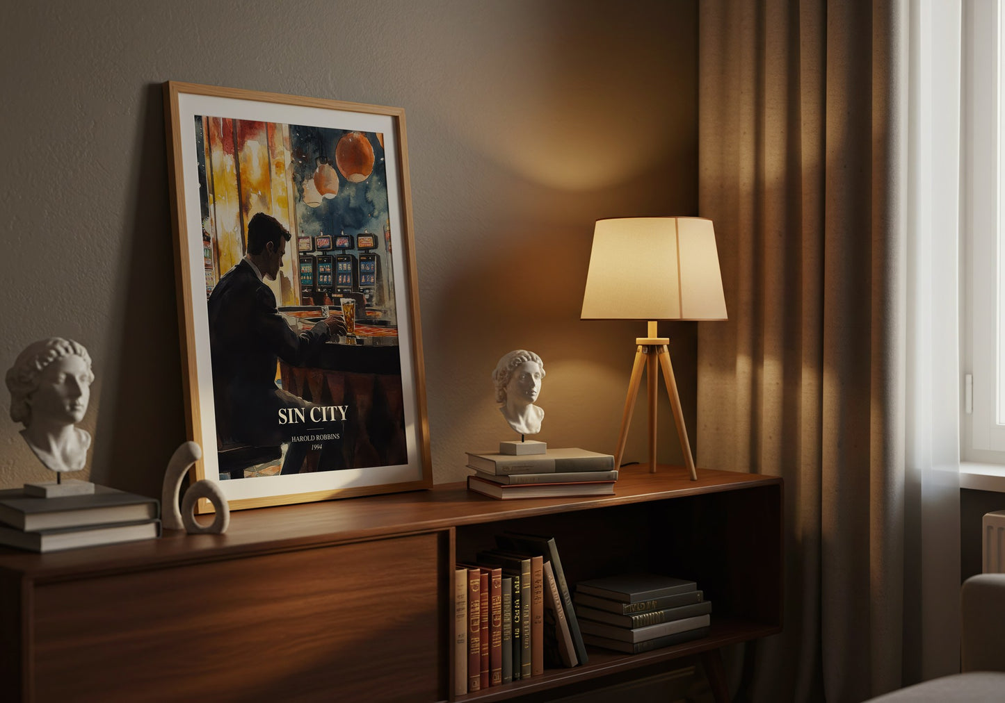 Sin City watercolour print on bookshelf – Harold Robbins fan gift
