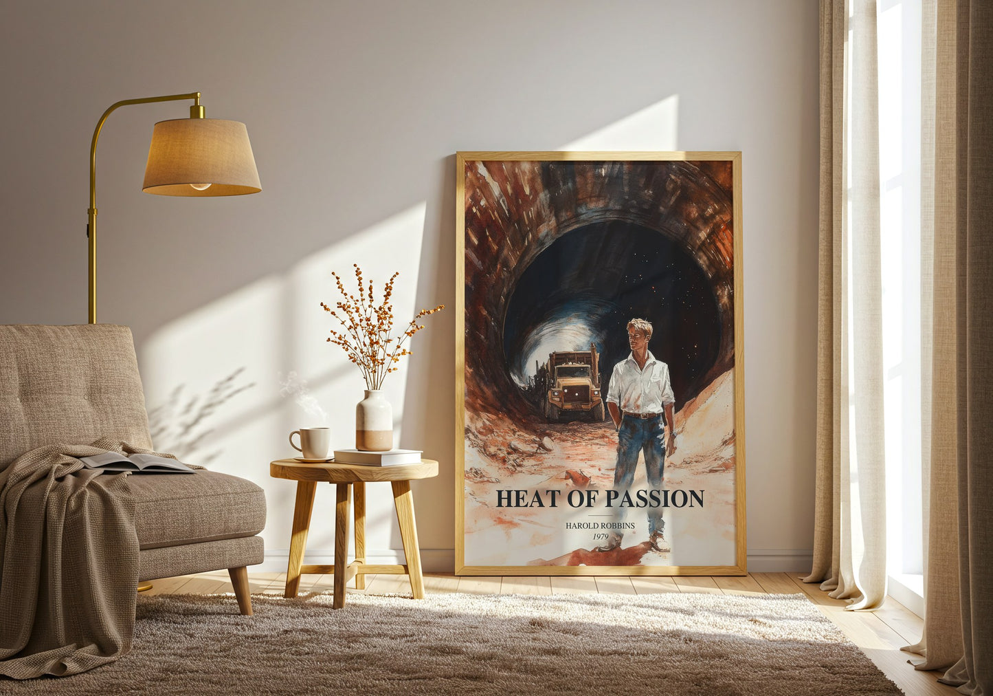 Heat Of Passion watercolour print in frame leaning in hallway – thriller wall art