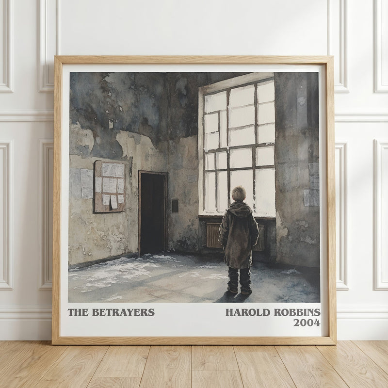 The Betrayers literary print in frame leaning in hallway – thriller wall art