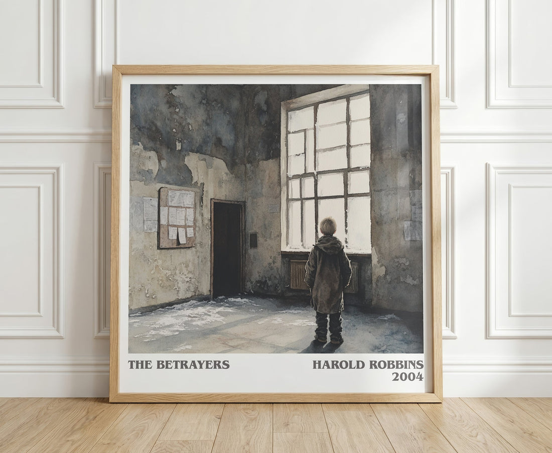 The Betrayers literary print in frame leaning in hallway – thriller wall art (mockup)