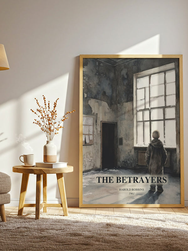 The Betrayers watercolour print in frame leaning in hallway – thriller wall art
