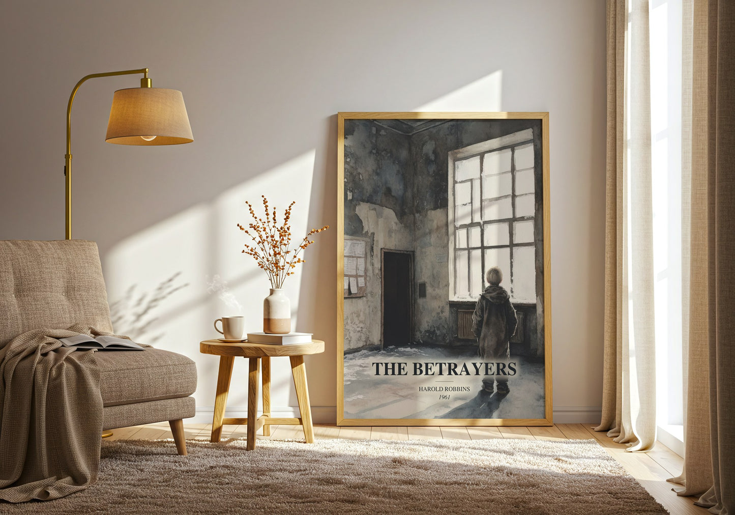 The Betrayers watercolour print in frame leaning in hallway – thriller wall art