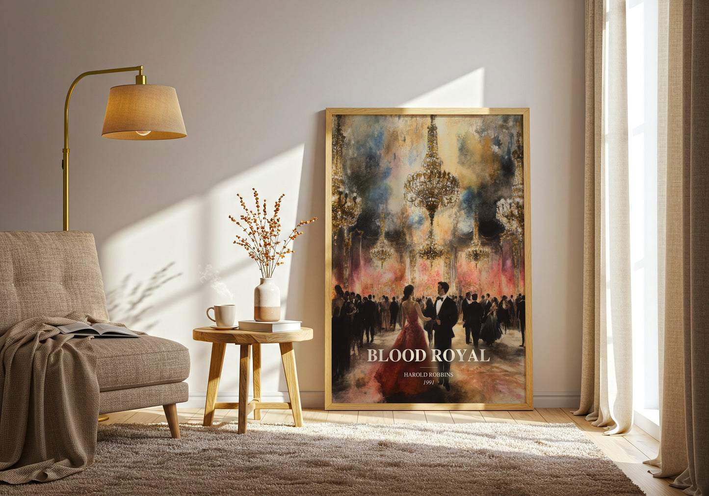 Blood Royal watercolour print in frame leaning in hallway – thriller wall art