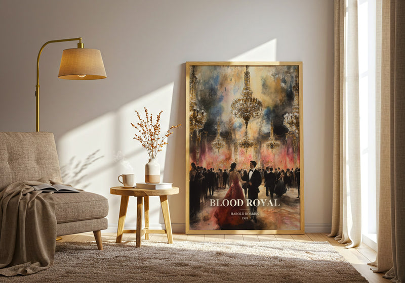 Blood Royal watercolour print in frame leaning in hallway – thriller wall art