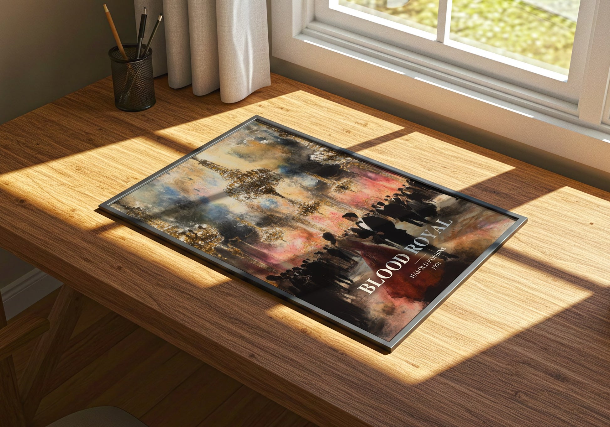 Blood Royal watercolour book poster framed on wall – thriller wall art