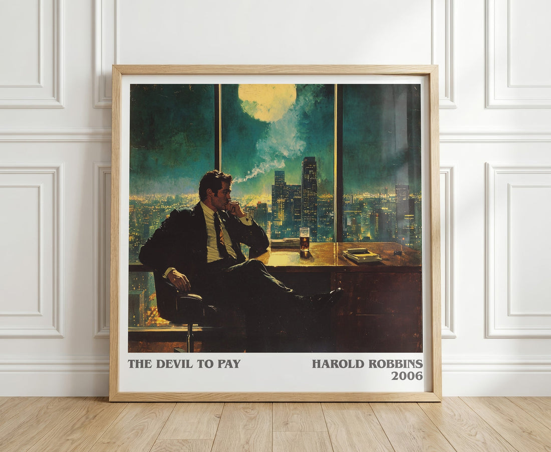 The Devil To Pay literary print in frame leaning in hallway – thriller wall art (mockup)