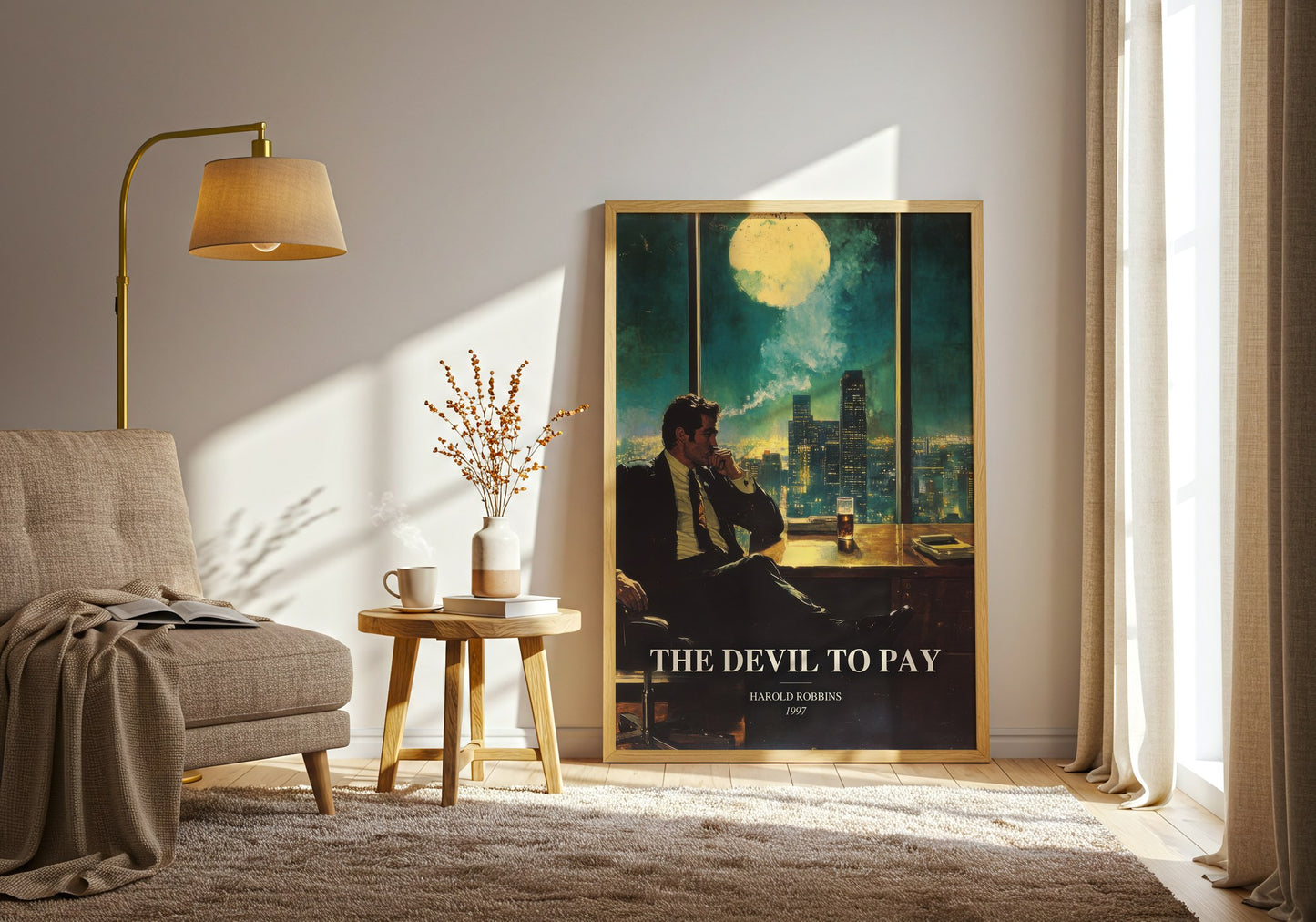The Devil To Pay watercolour print in frame leaning in hallway – thriller wall art
