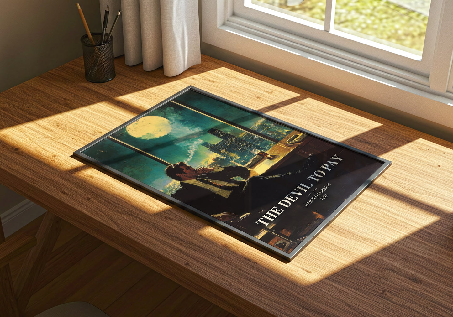 The Devil To Pay watercolour book poster framed on wall – thriller wall art