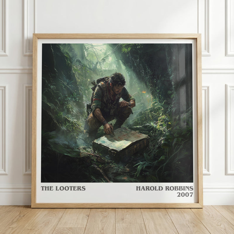 The Looters literary print in frame leaning in hallway – thriller wall art