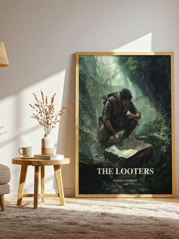 The Looters watercolour print in frame leaning in hallway – thriller wall art