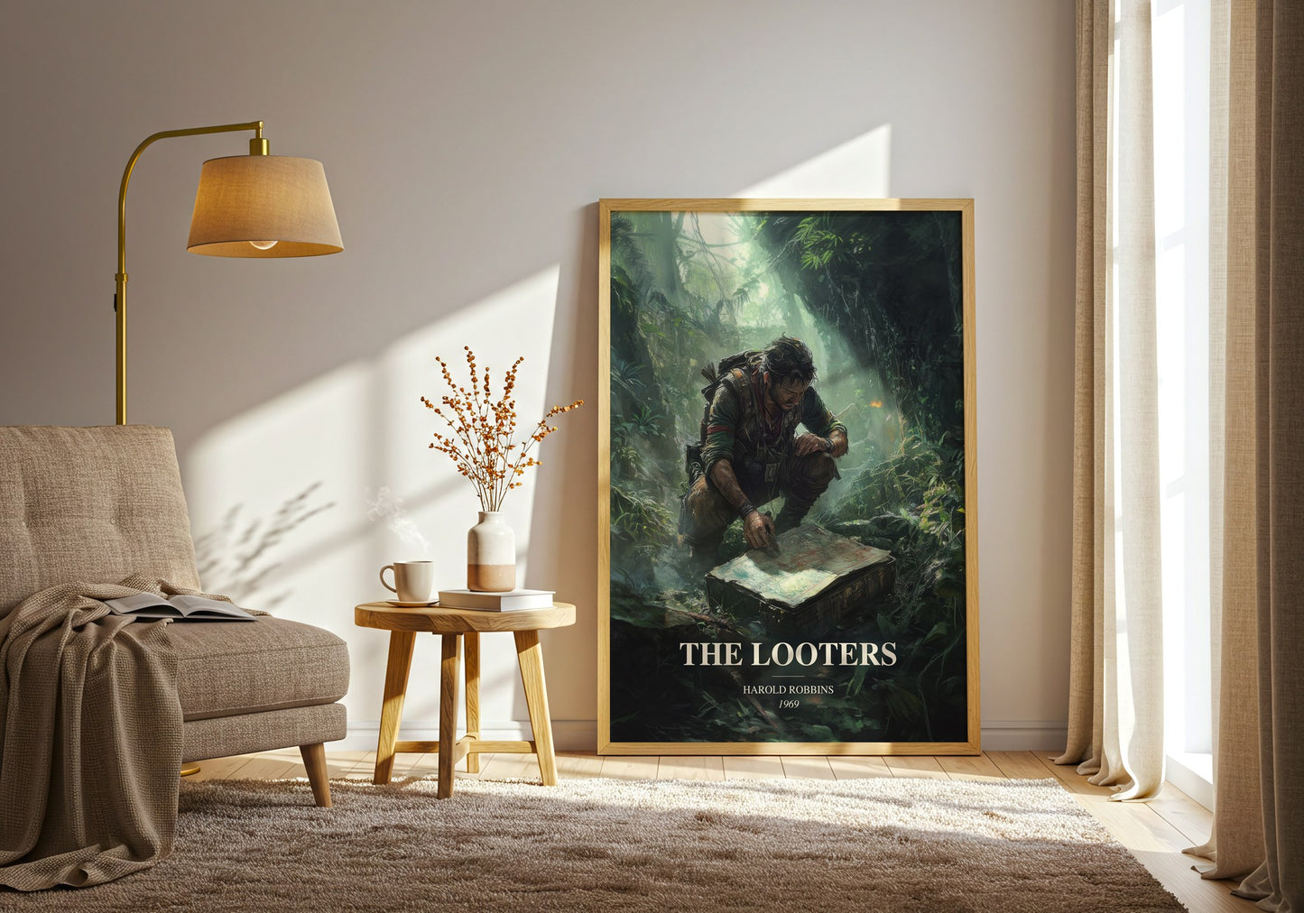 The Looters watercolour print in frame leaning in hallway – thriller wall art