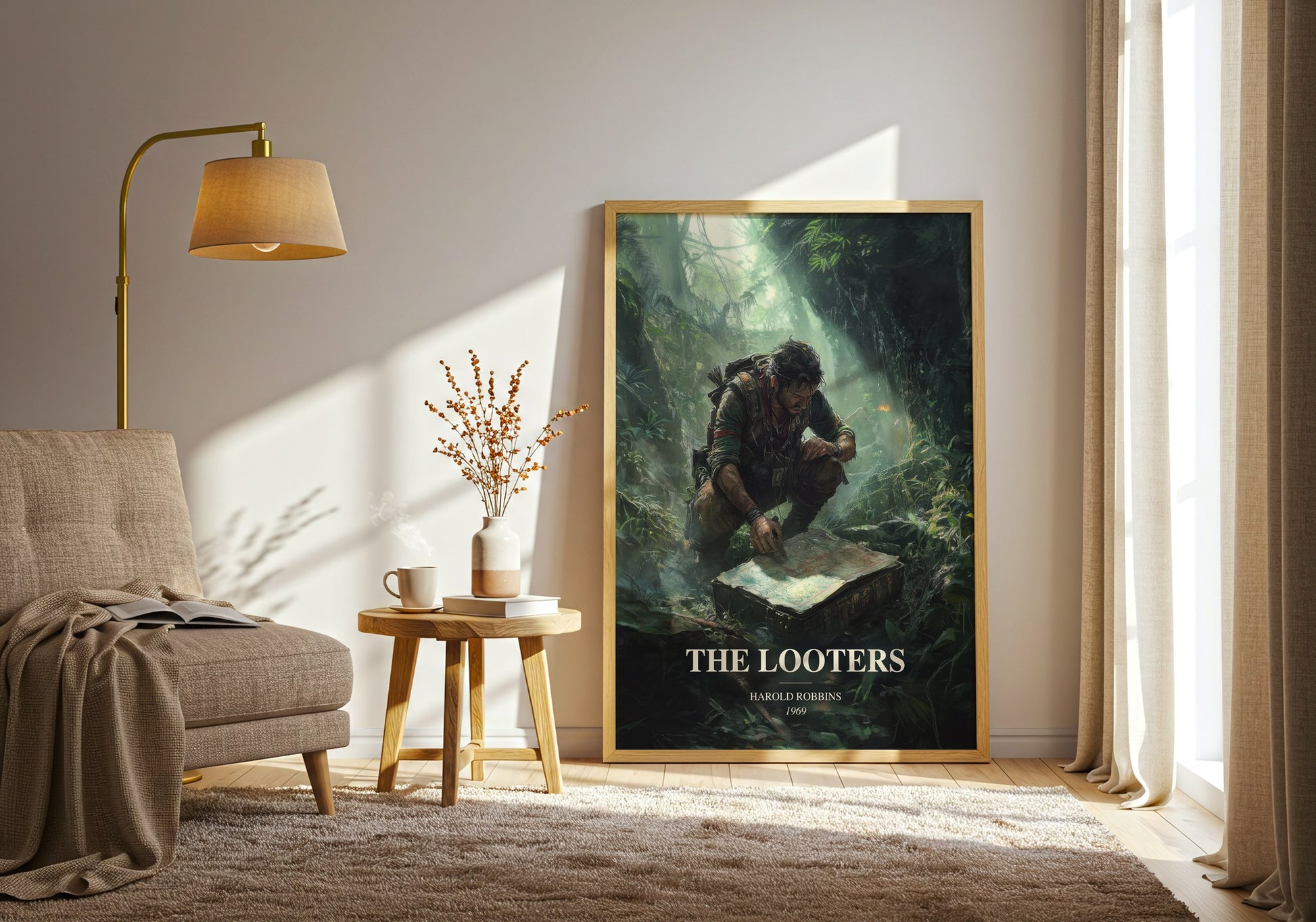 The Looters watercolour print in frame leaning in hallway – thriller wall art
