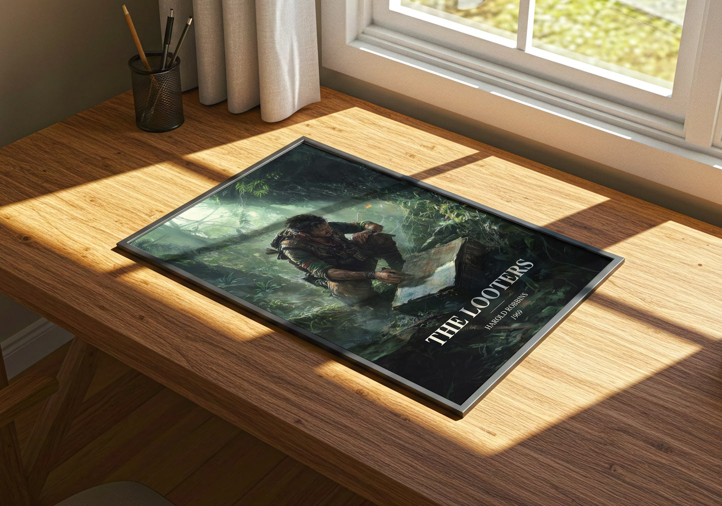 The Looters watercolour book poster framed on wall – thriller wall art