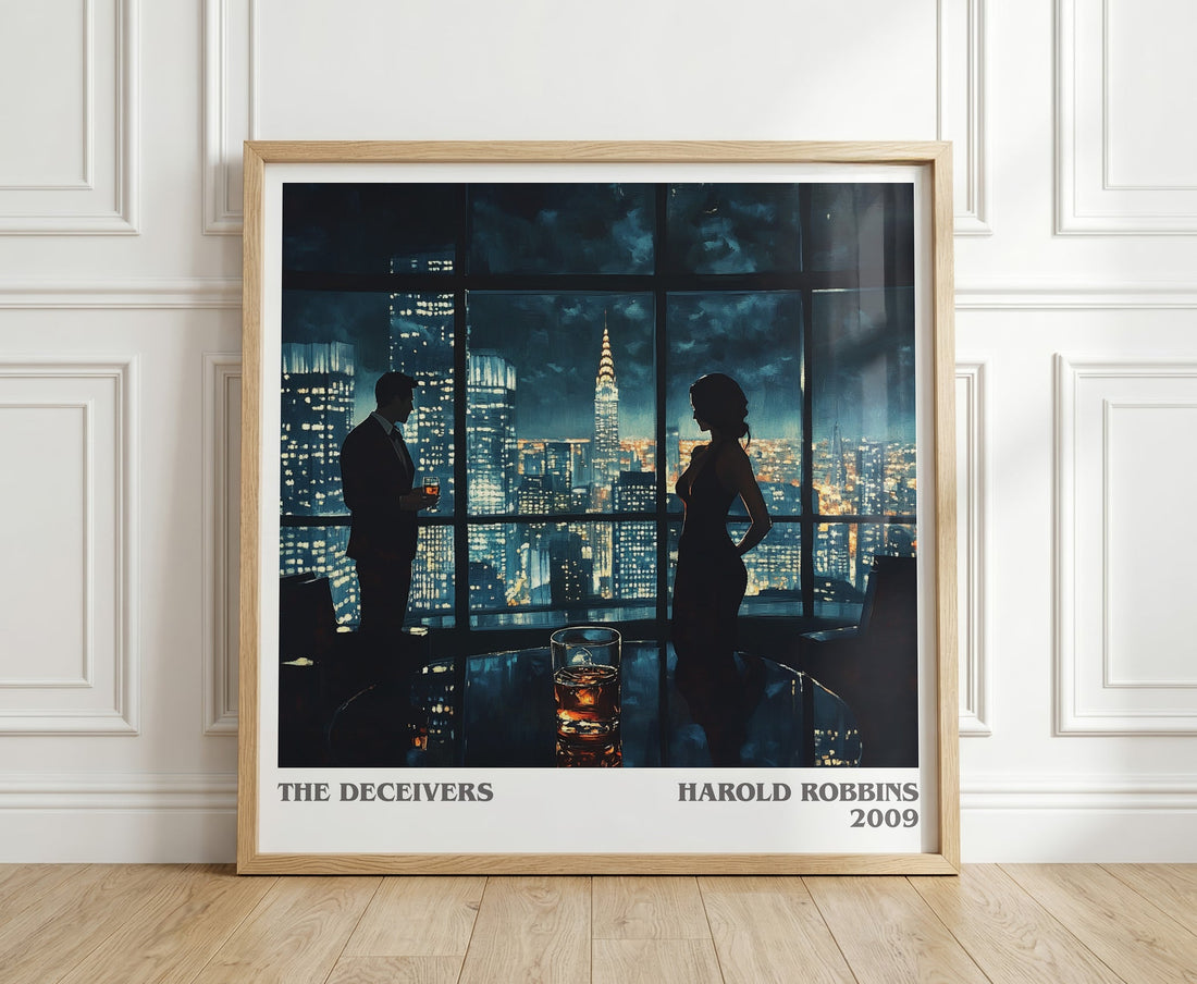 The Deceivers literary print in frame leaning in hallway – thriller wall art (mockup)