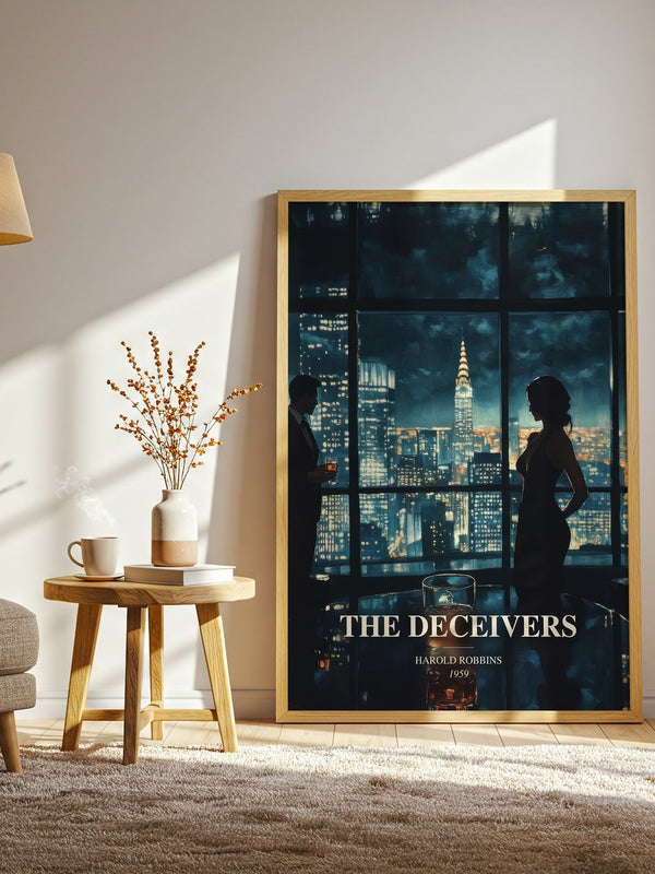 The Deceivers watercolour print in frame leaning in hallway – thriller wall art