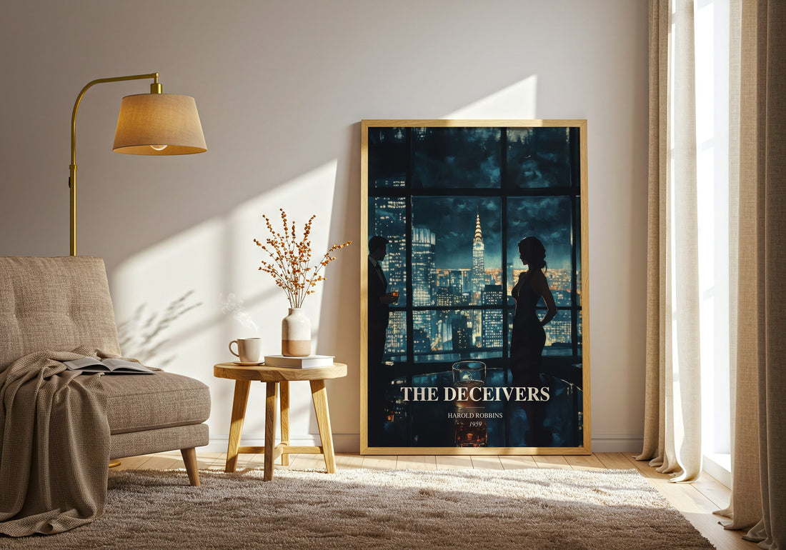 The Deceivers watercolour print in frame leaning in hallway – thriller wall art (mockup)